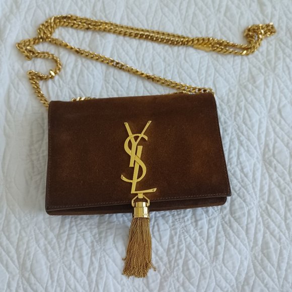 SOLD: Authentic YSL Rare Monogram Small Suede Tassel Crossbody Bag, Camel - Picture 5 of 15